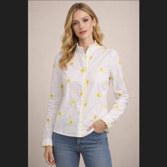 The Shirt by Rochelle Behrens Tops - THESHIRT White Button-Up Shirt with Yellow Floral Embroidery